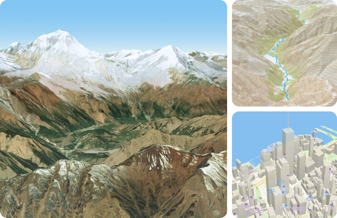 3D maps with satellite, outdoor, and 3D cities 