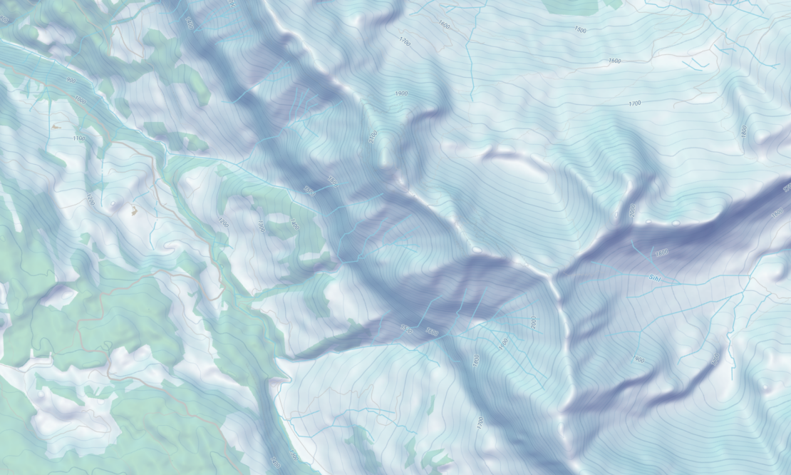 Detailed terrain shown in a beautiful winter palate of colors