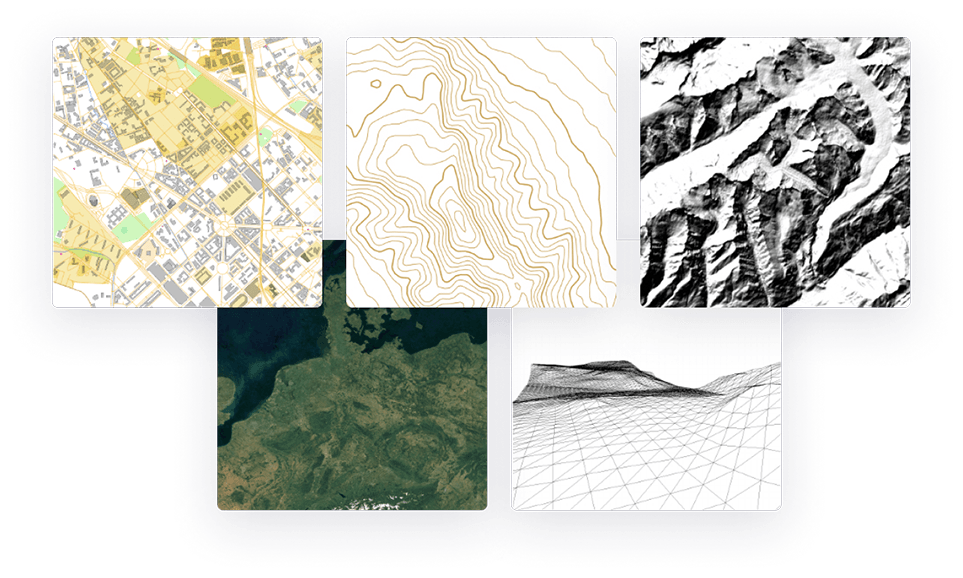 various map styles for download and self-hosting: street map, contour lines, hillshade, satellite map, and 3D maps