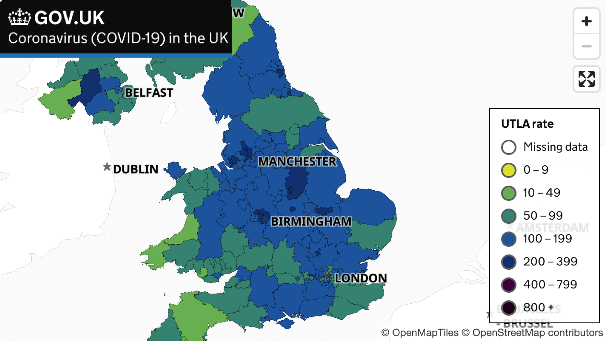 Mappa del governo del Regno Unito con dati Covid