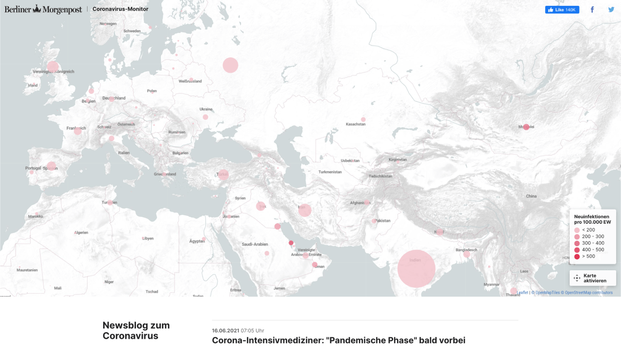 Mapa de la pandemia de Covid en el sitio web del Berliner Morgenpost