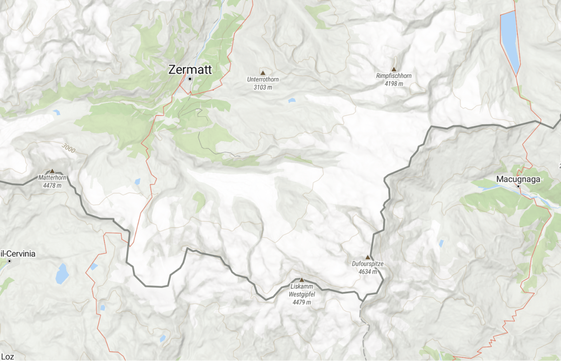 Mapa exterior de Suiza alrededor de Zermatt