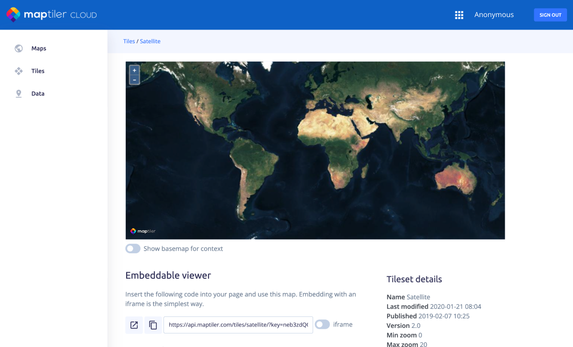 MapTiler cloud with detailed satellite imagery of the entire world