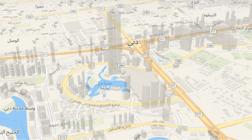 Mapa 3D de Dubai con nombres en árabe