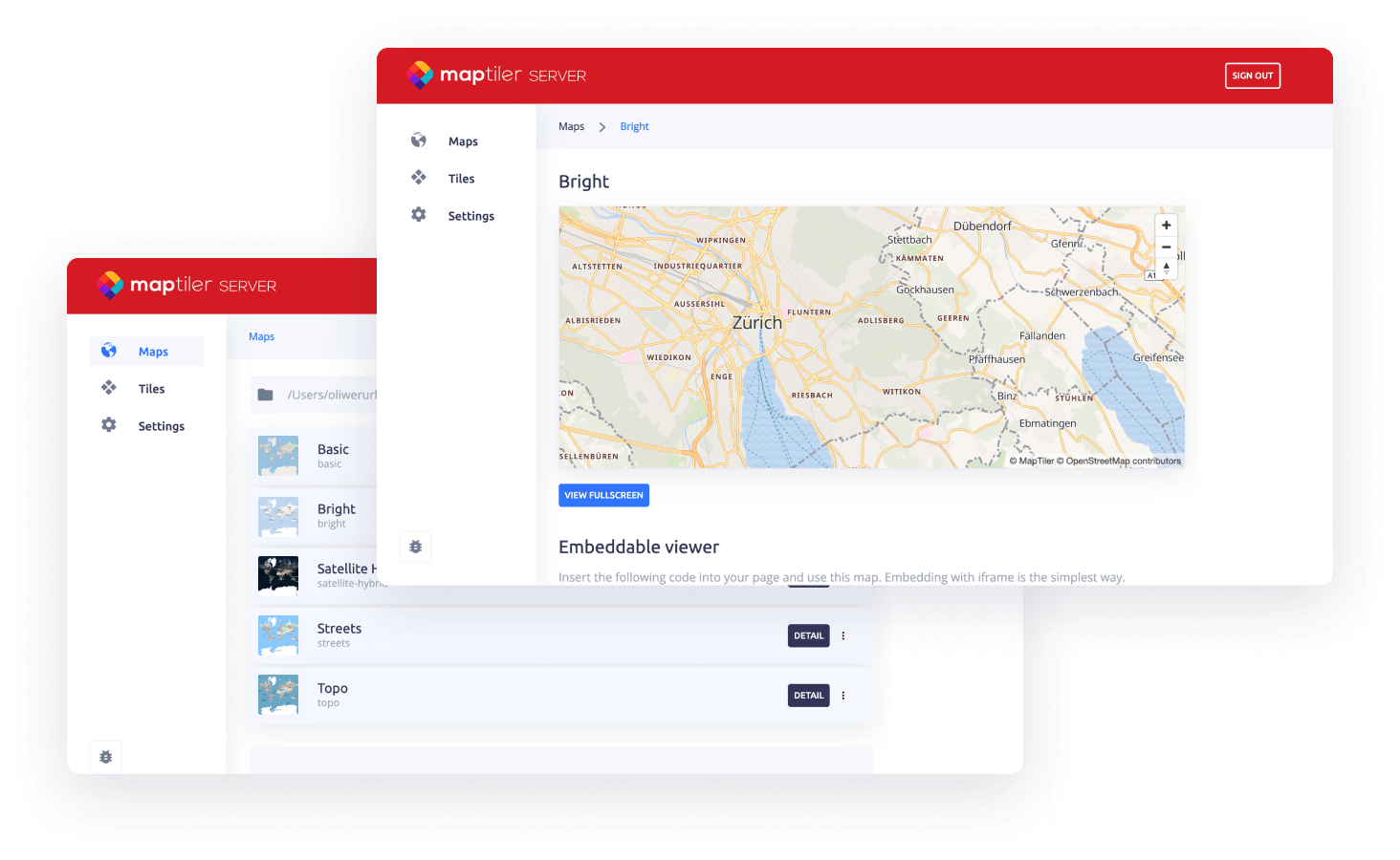 MapTiler Server interface with a map