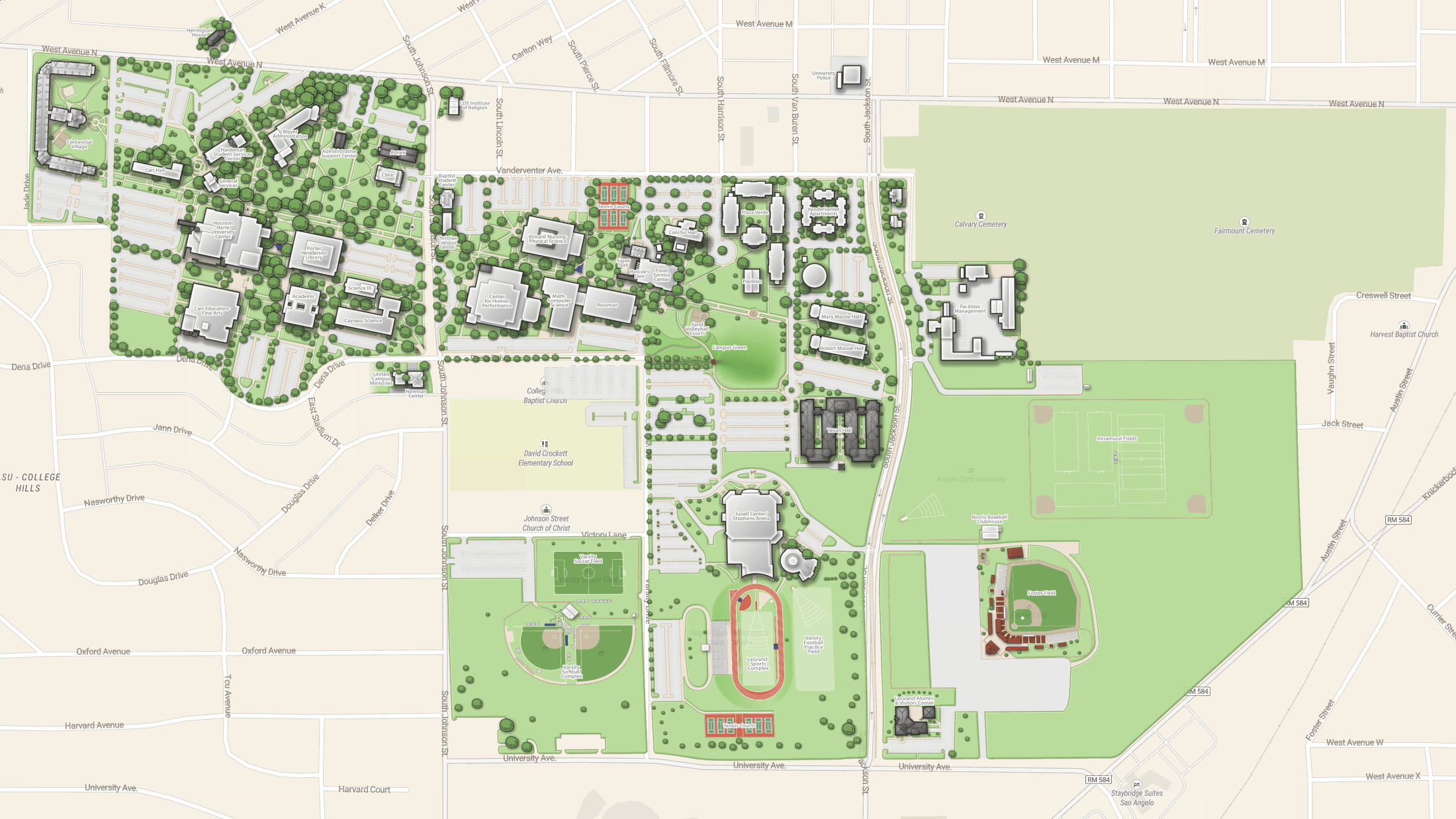 Custom made campus plan on the Street map as a background