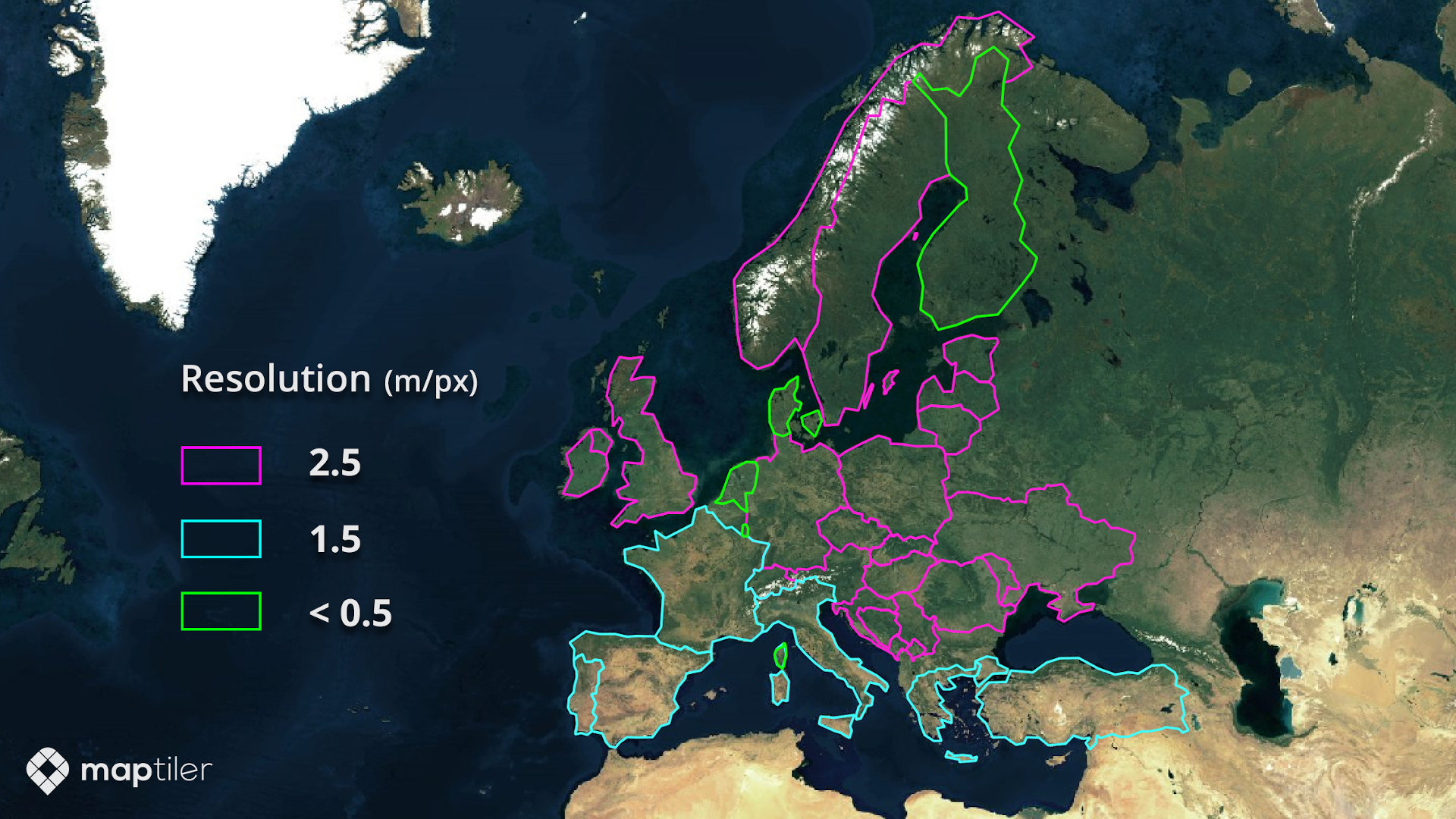 MapTiler Satellite resolution per country, as of September 2019