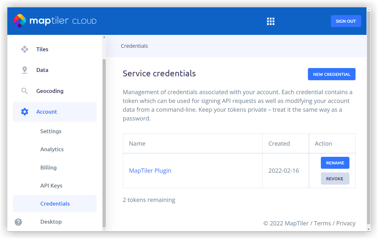 MapTiler Cloud Credenziali